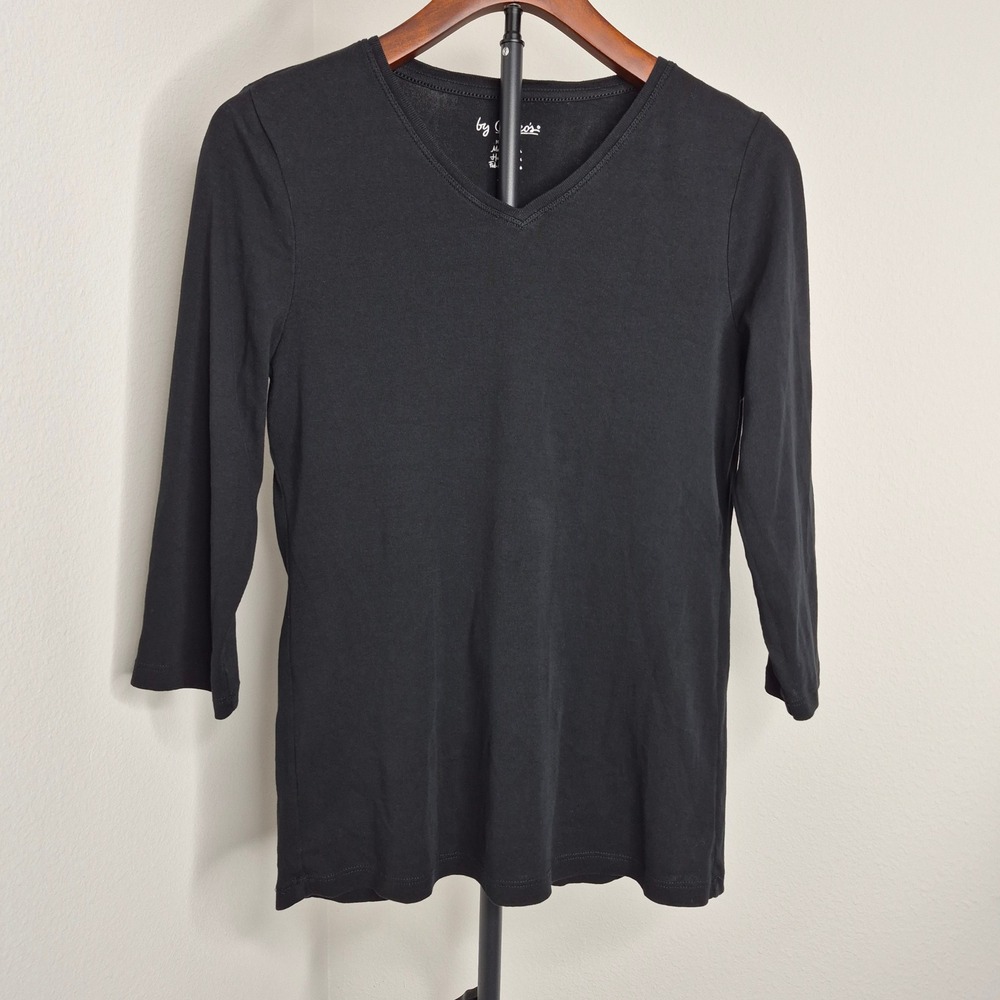 Chico's Black V-Neck 3/4 Sleeve 100% Cotton Tee Top Size 1 M Capsule Wardrobe